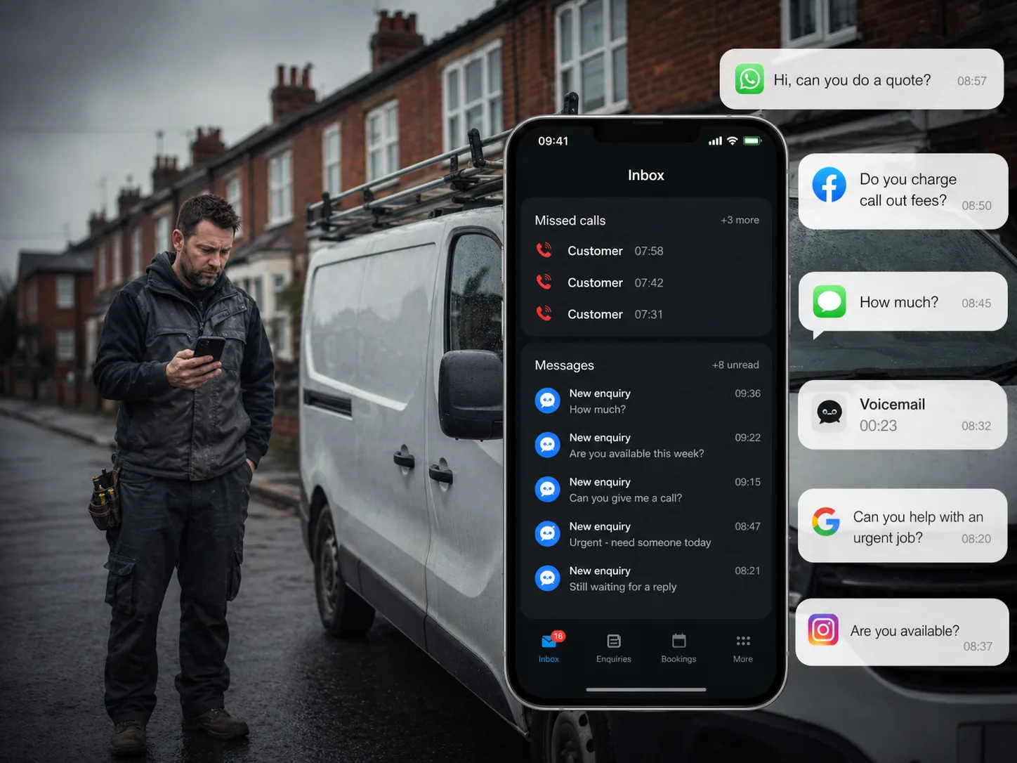Tradesperson overwhelmed by enquiries across multiple platforms